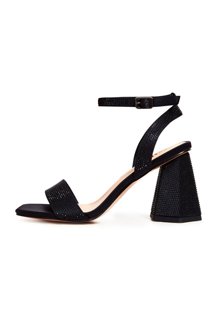 Riemchensandalen mit Blockabsatz und Strasssteinen - Schwarz