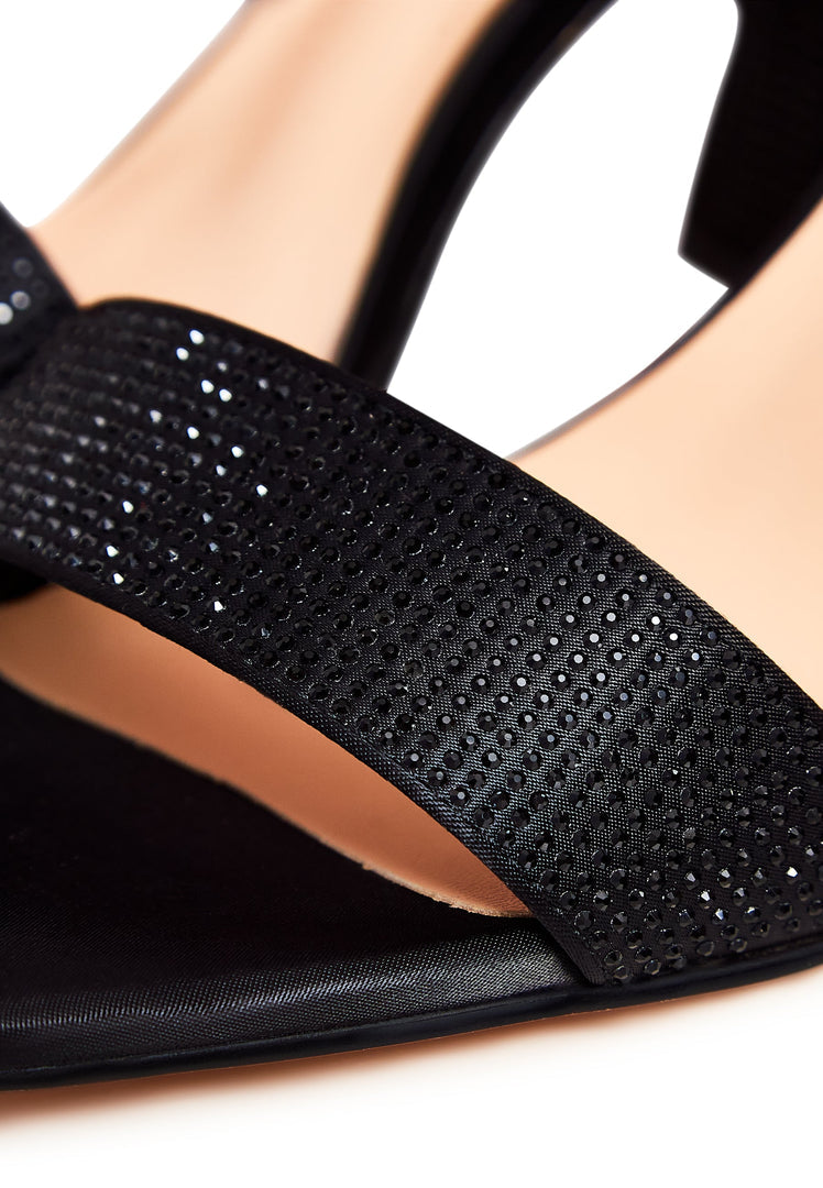 Strappy Block Heel Sandals with Rhinestones - Black