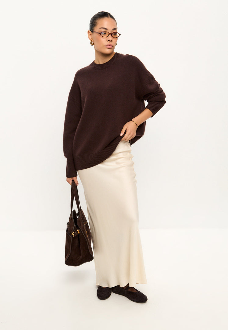 A cozy Classic Crew Neck Mulan Brown Sweater, perfect for winter fashion and casual knitwear, designed for women.