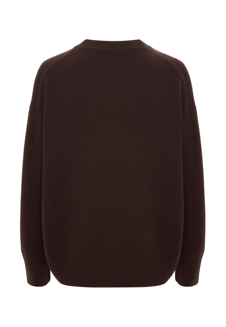 A stylish Mulan brown classic crew neck sweater for women, perfect for winter fashion and casual knitwear looks.