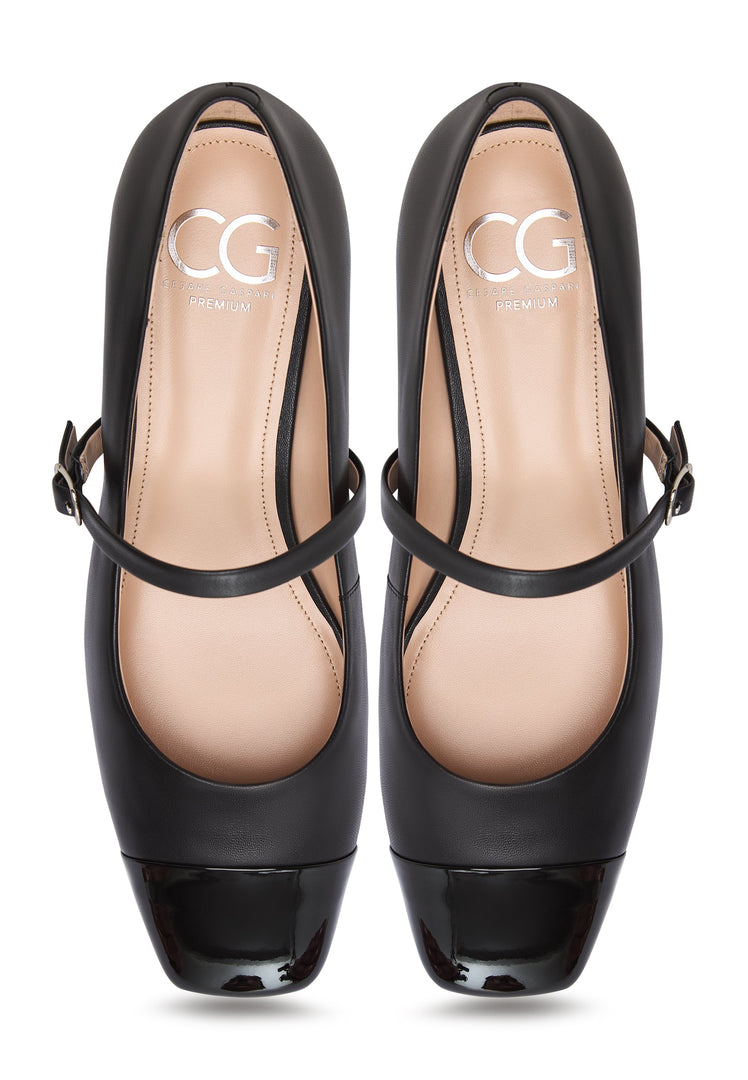 A stylish pair of black Mary Jane heels, perfect for an elegant and timeless look.