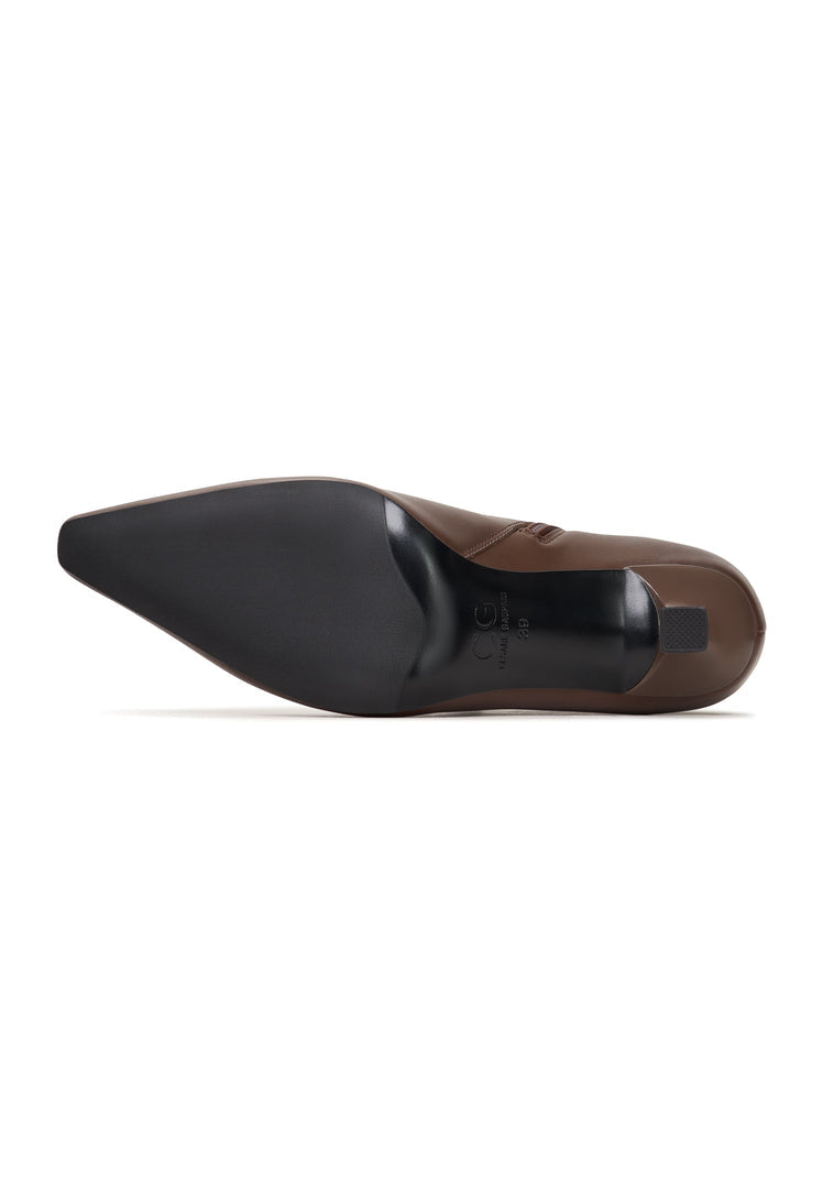 A pair of brown stiletto heel ankle boots, known as Amy ankle boots, perfect for a stylish woman looking for high heel winter footwear.