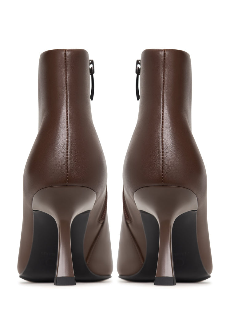 A pair of stylish women's Stiletto heel ankle boots in brown, known as the Amy ankle boots, perfect for a chic and sophisticated look.