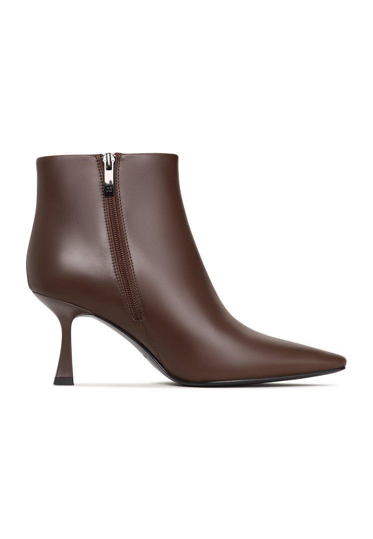 A stylish pair of women's stiletto heel brown ankle boots, also known as Amy ankle boots, perfect for adding a touch of elegance with their high heel design.