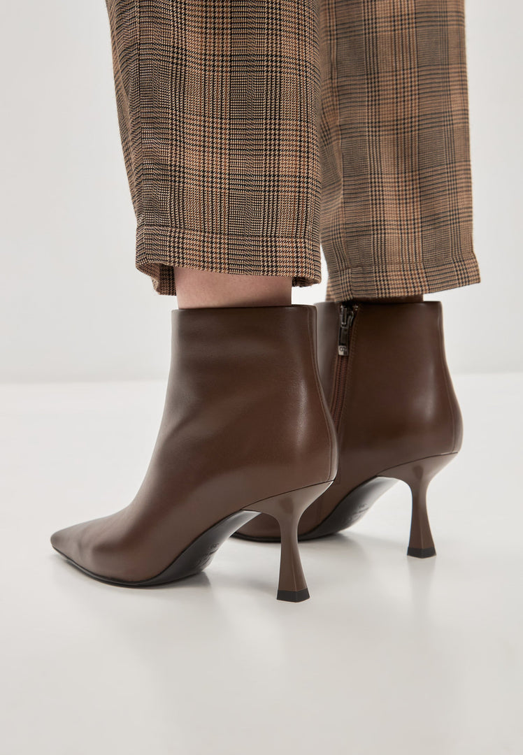 A pair of stylish brown Amy stiletto heel ankle boots for women.