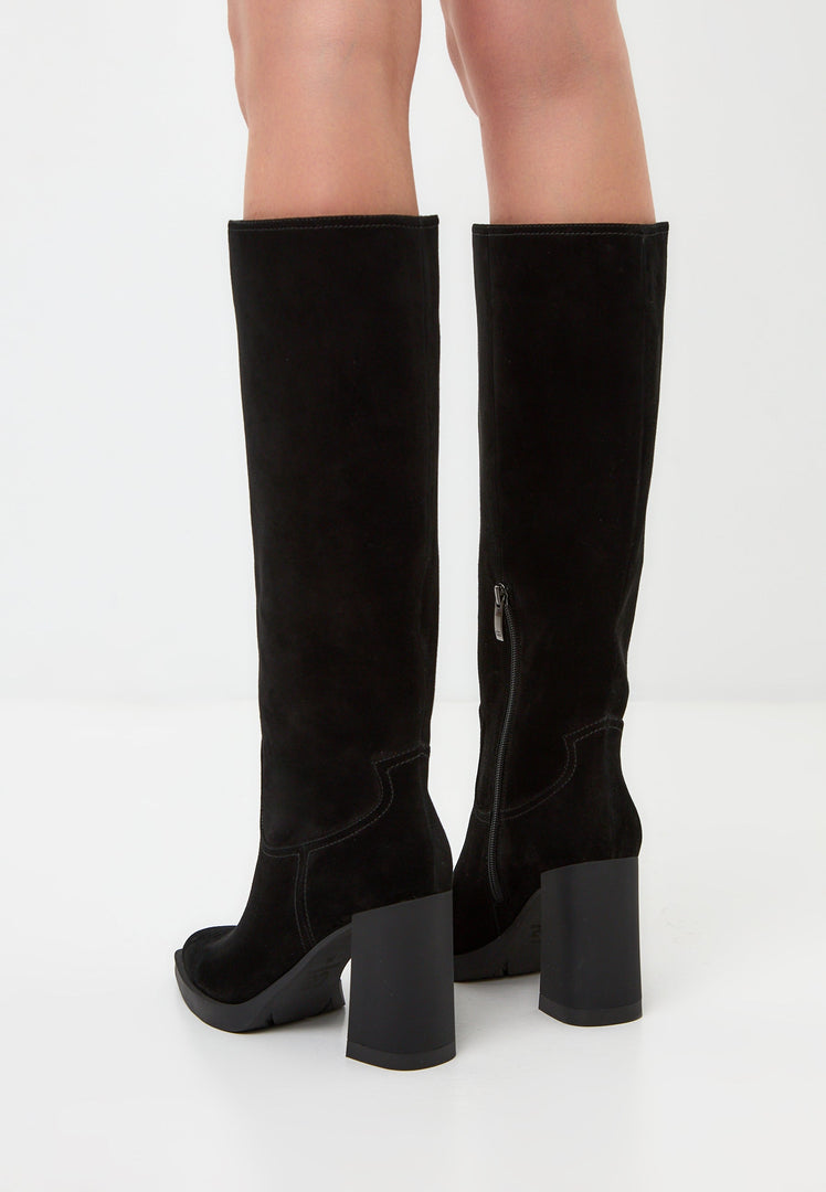 A stylish pair of knee-high black block heel boots, perfect for creating an elegant look - also known as Bambi boots.