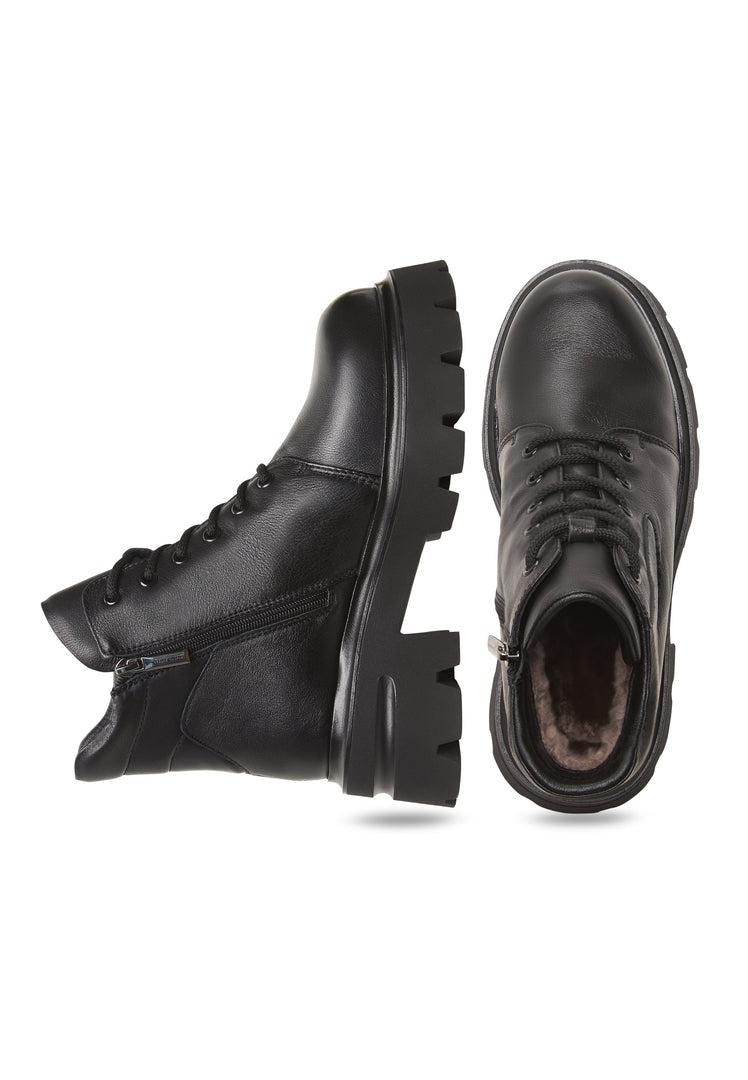 Hochhackige Plateau-Stiefeletten aus Leder Freya - Schwarz