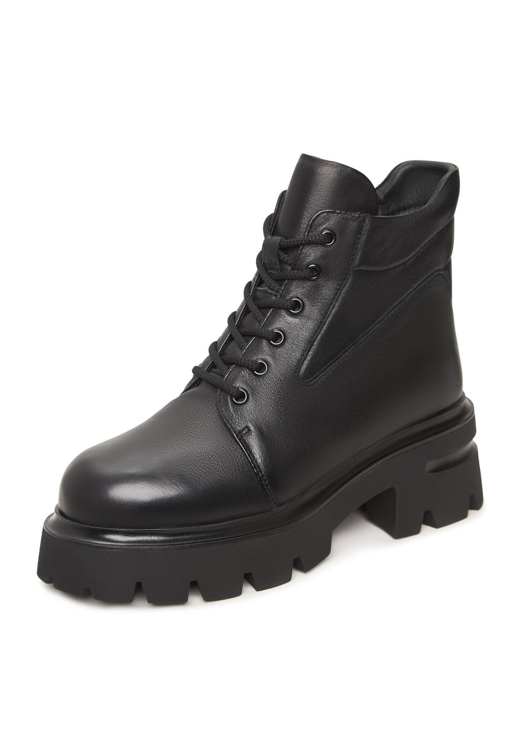 Hochhackige Plateau-Stiefeletten aus Leder Freya - Schwarz
