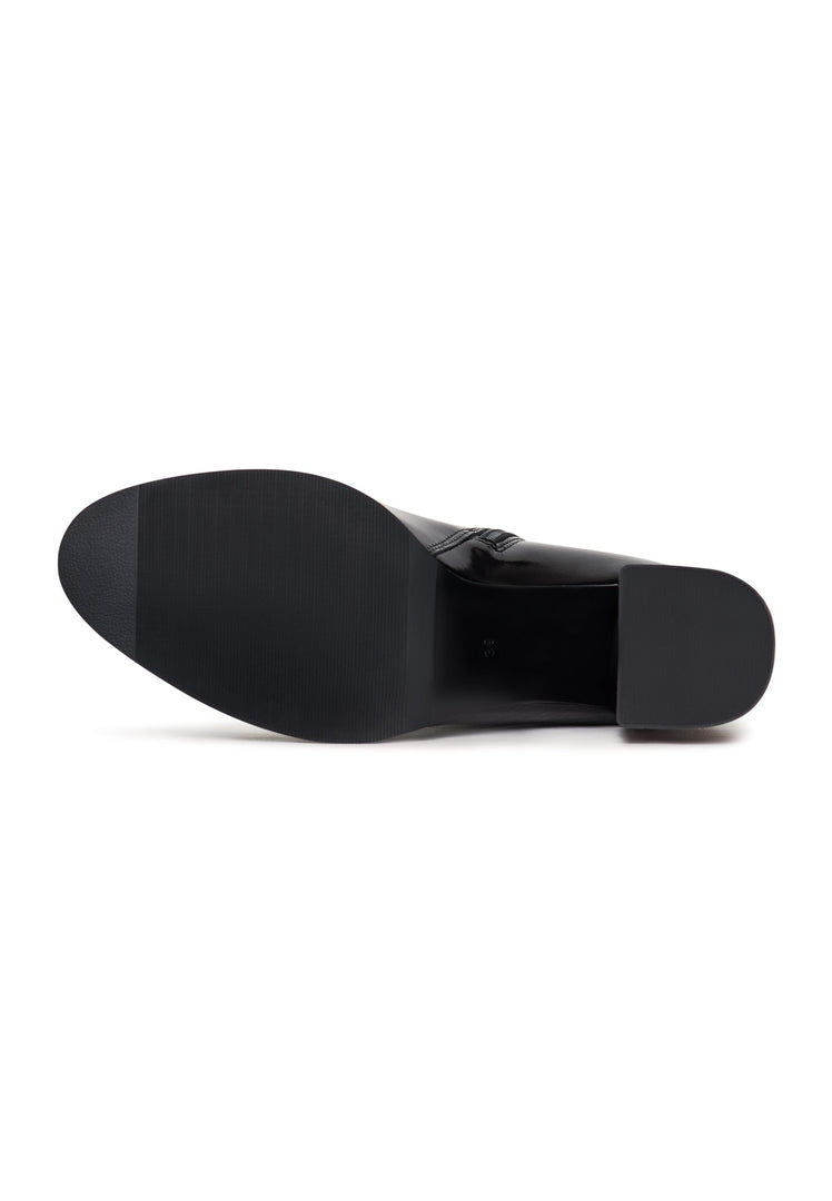 A pair of stylish black leather ankle boots with a soft patent finish, known as Ella heel boots, perfect for women's fashion.