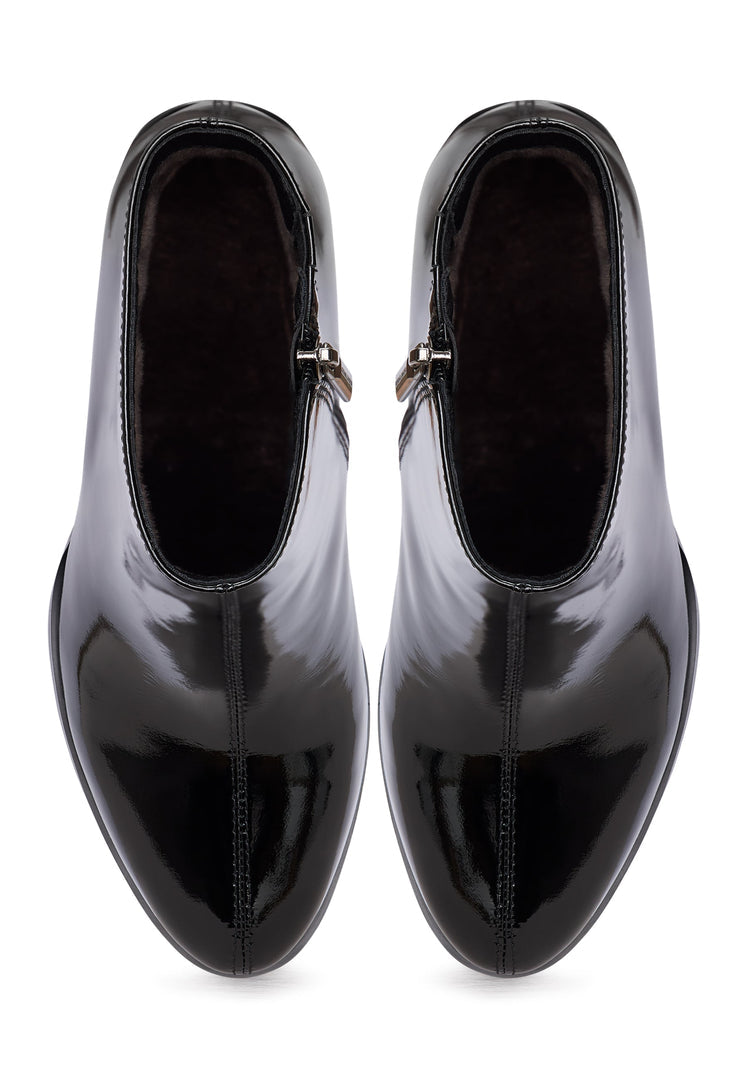 A pair of stylish Women's leather Ella heel boots in patent black, featuring a soft leather construction, perfect for any outfit.