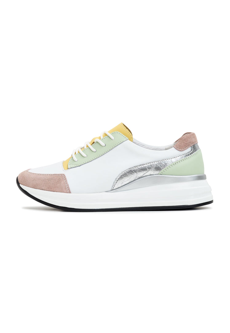 A stylish pair of white leather sneakers with an Eva sole, perfect for casual wear and adding a fashion-forward touch to your outfit. Ideal leather footwear for any occasion.