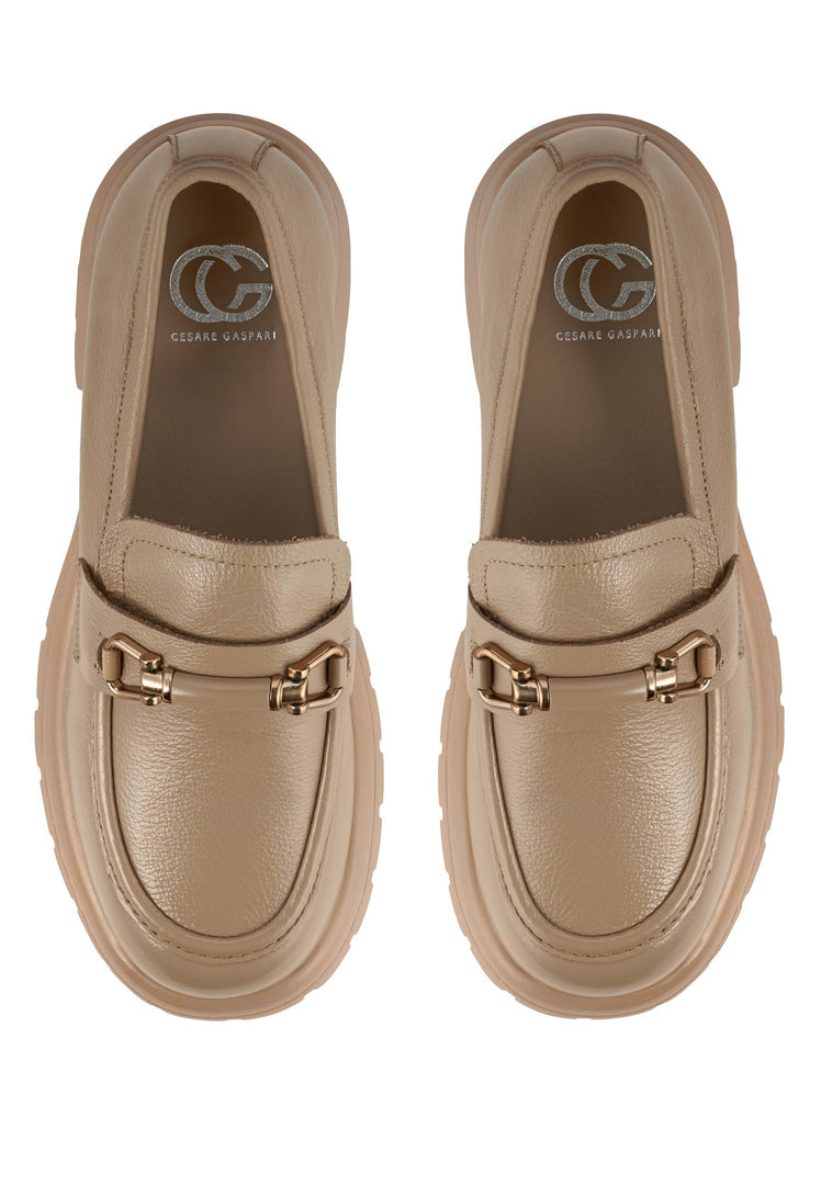 Leather Platform Loafers - Beige