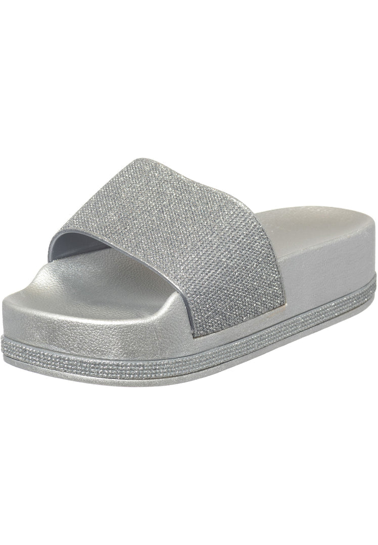 A stylish pair of silver platform flip flops for women, perfect for adding a touch of glamour to any outfit.