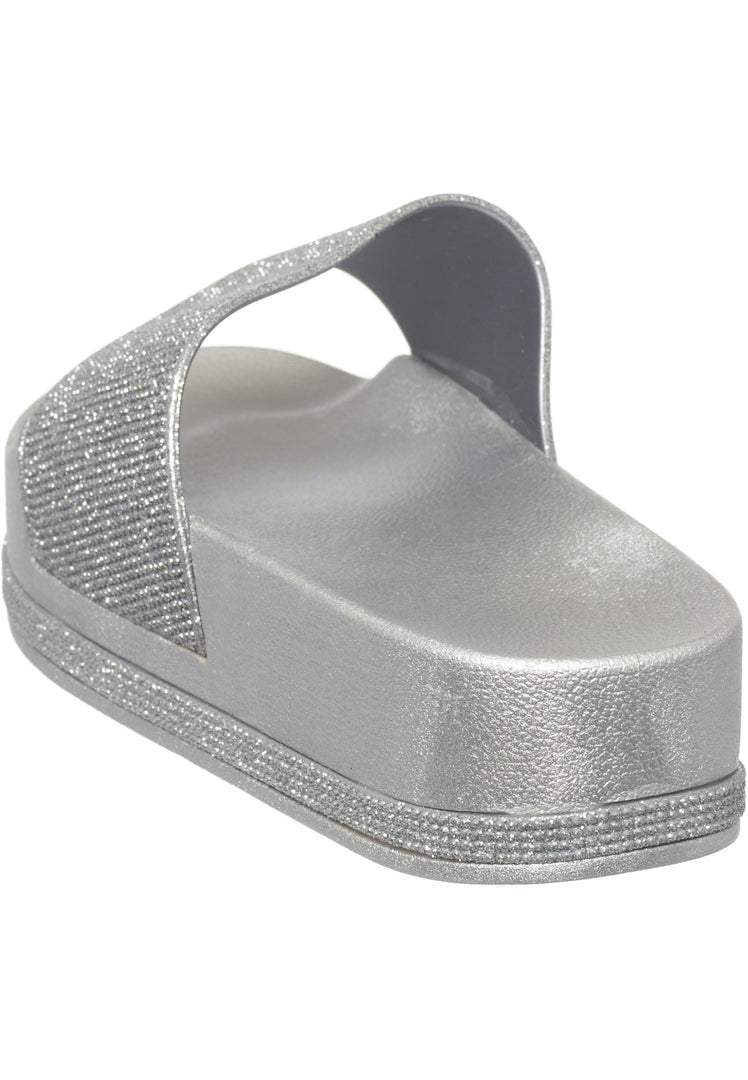 A pair of stylish silver platform flip flops for women, perfect for adding glamour to any outfit.