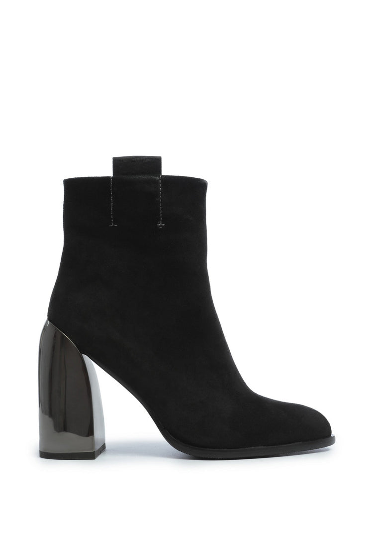 A chic pair of black suede ankle boots with a square heel for stylish women's fashion.