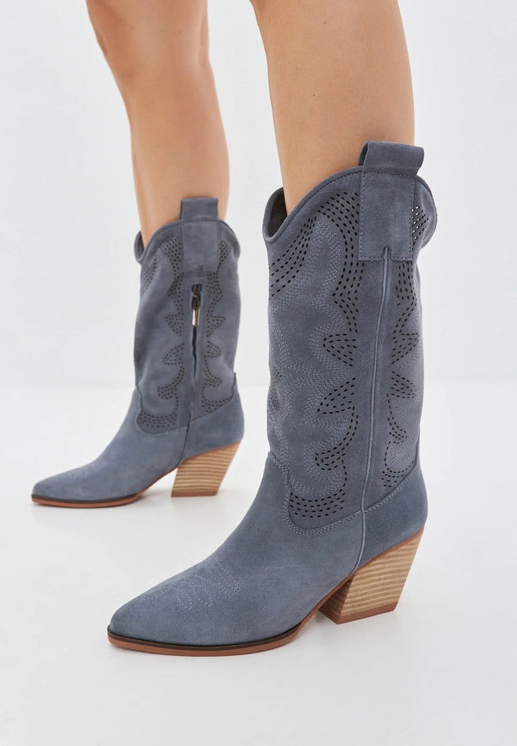 Stylish Women's Mariana Grey Suede Cowboy Boots with intricate stitching, perfect for adding a touch of Western charm to any outfit.