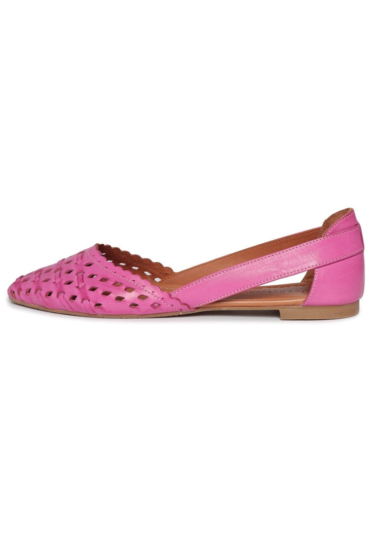 A stylish pair of pink leather ballerinas, perfect for women's ballet flats enthusiasts, featuring intricate leather cut detailing.