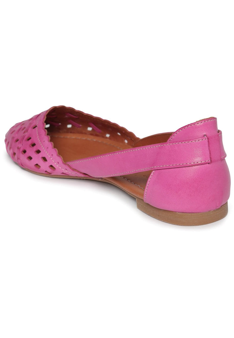 A stylish pair of pink leather ballerinas for women, featuring intricate cut detailing on the leather material.