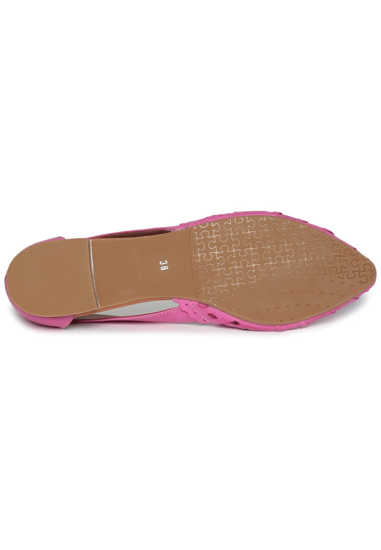 A pair of stylish pink leather ballerinas for women, featuring intricate cut designs and comfortable flat soles.