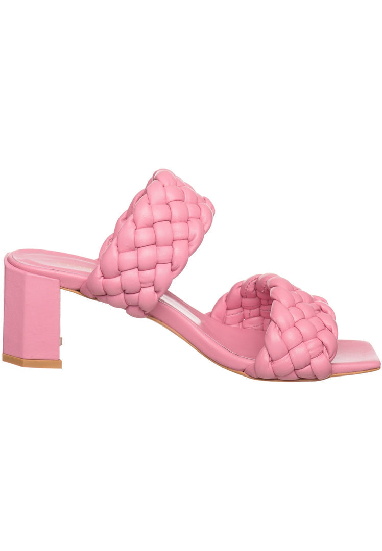 A pair of stylish pink braided heeled sandals, perfect for summer, for women who love strappy and trendy footwear.