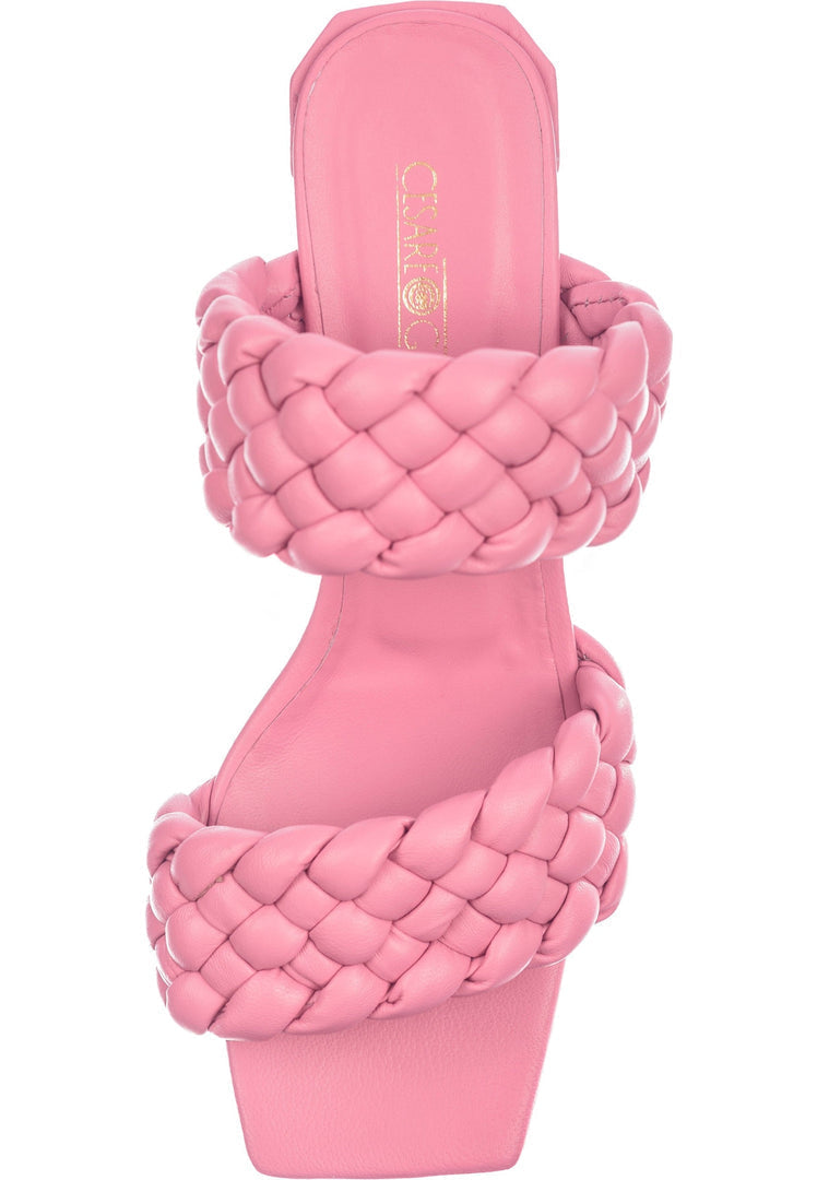 A trendy pair of women's pink braided heeled sandals, perfect for summer with a strappy design.