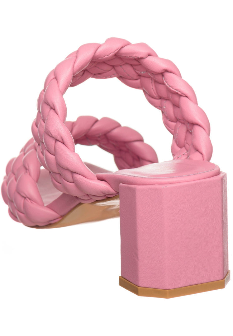 A trendy pair of pink braided heeled sandals for women, perfect for summer with strappy details.