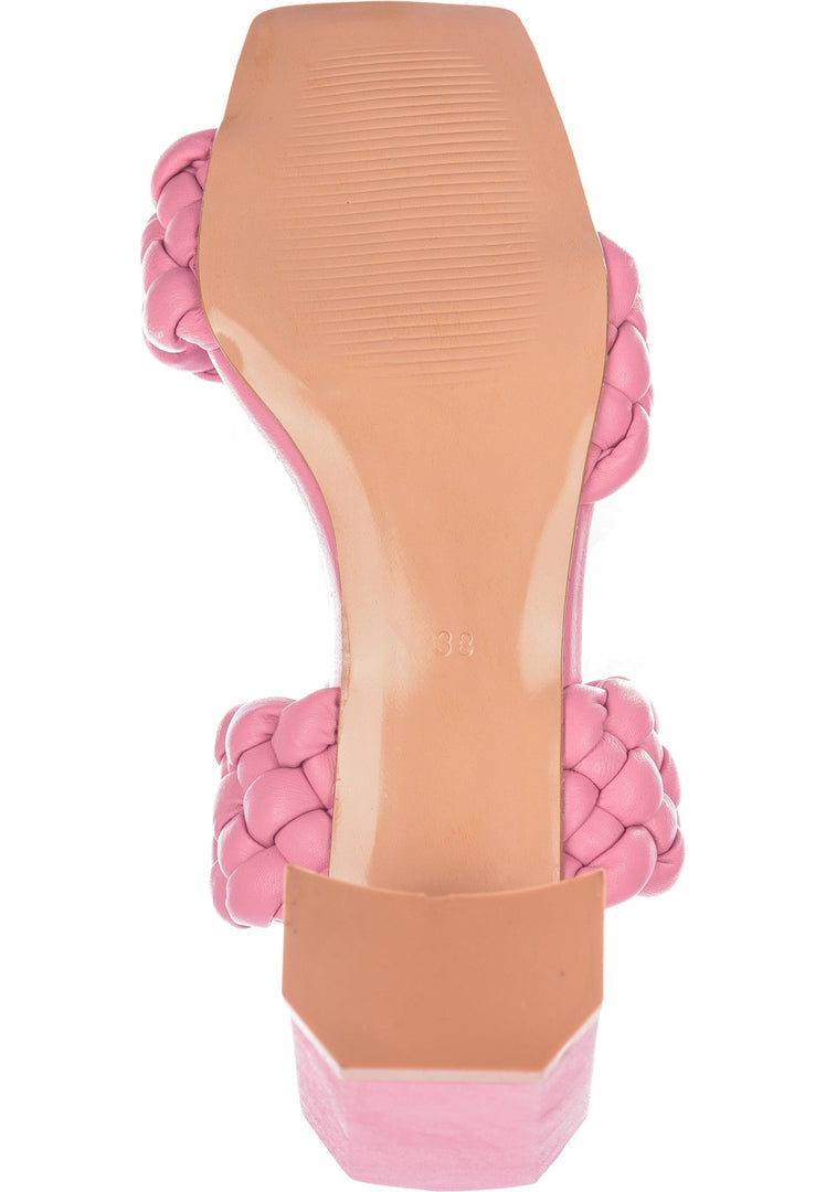 A stylish pair of women's pink strappy heeled sandals with braided details, perfect for summer outings.