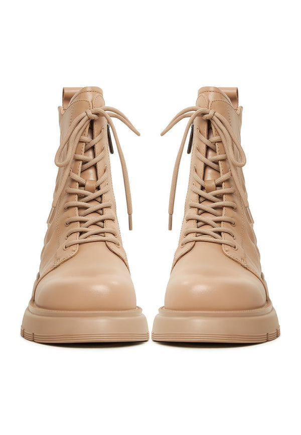 Leather Platform Ankle Boots - Beige