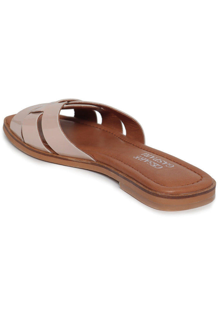 A stylish pair of beige slides with a gloss weave design, perfect for trendy and stylish summer footwear.