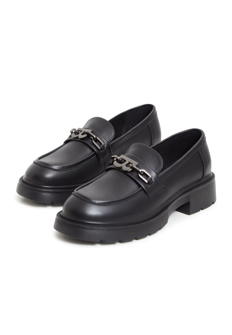Leather Block Heel Loafers - Black