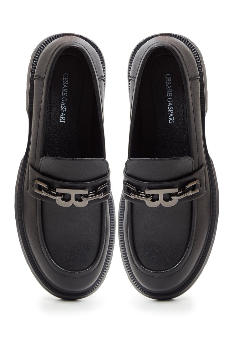 Leather Block Heel Loafers - Black
