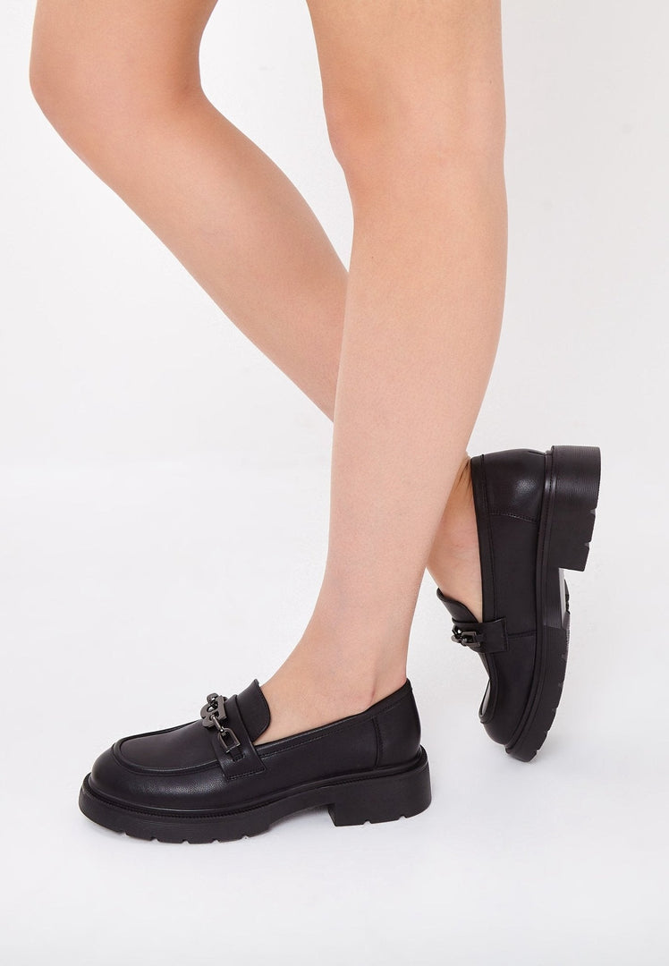 Leather Block Heel Loafers - Black