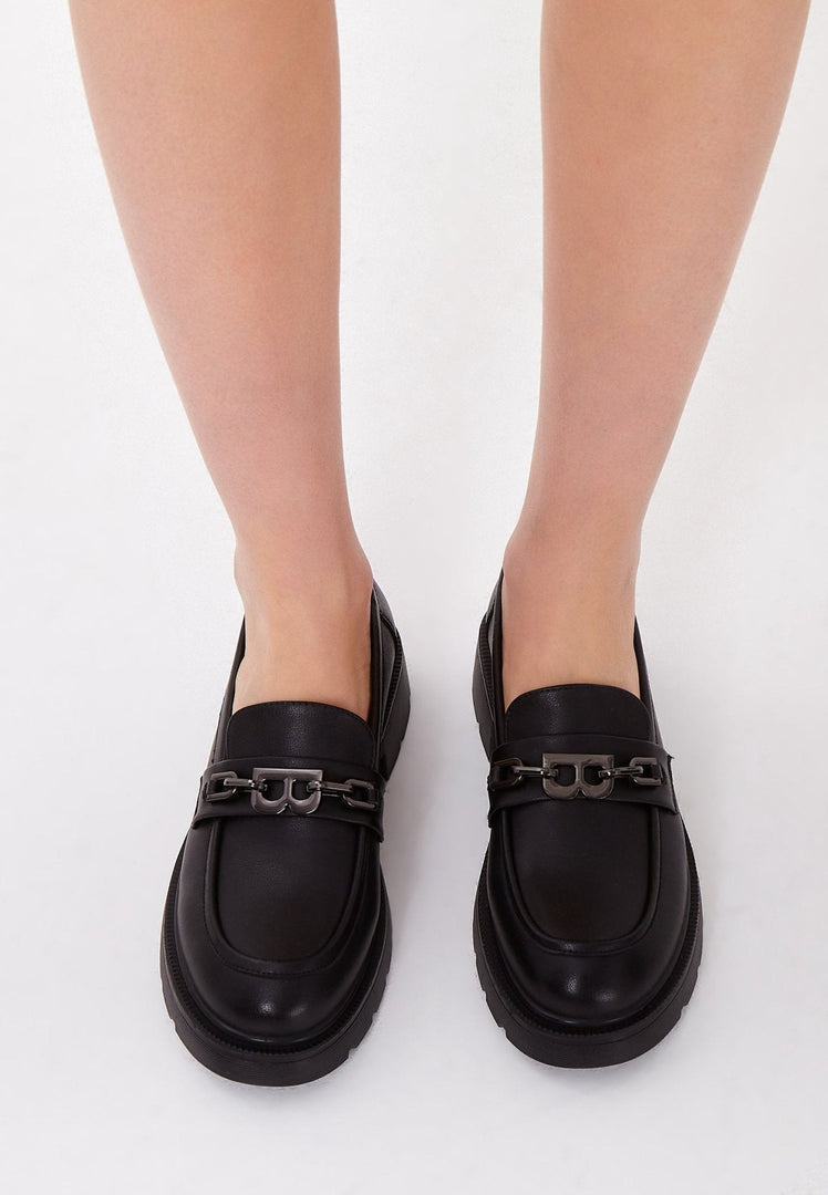 Leather Block Heel Loafers - Black