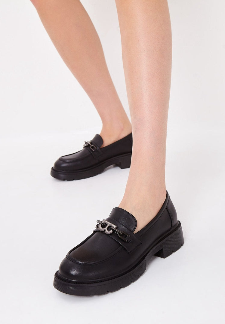 Leather Block Heel Loafers - Black