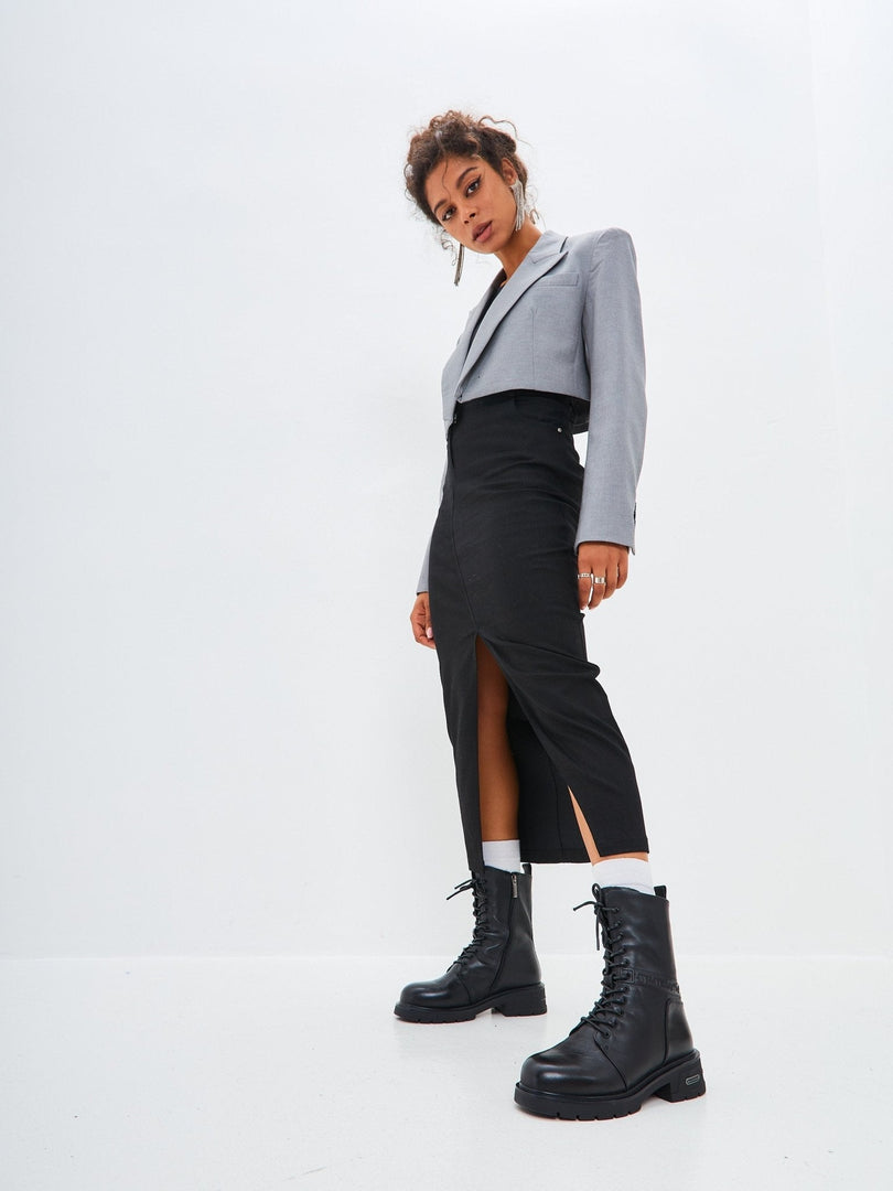 Casual Leather Block Heel Ankle Boots - Black