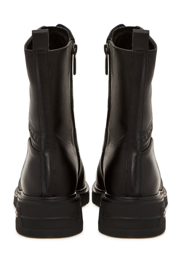 Casual Leather Block Heel Ankle Boots - Black