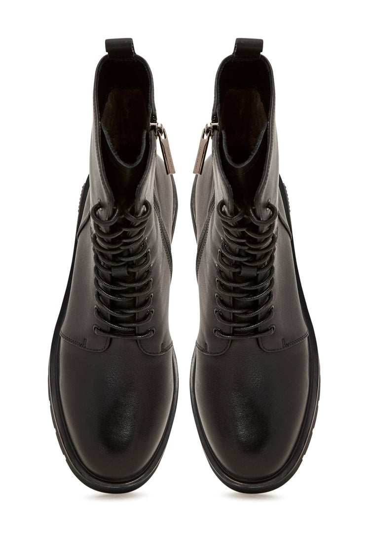 Casual Leather Block Heel Ankle Boots - Black