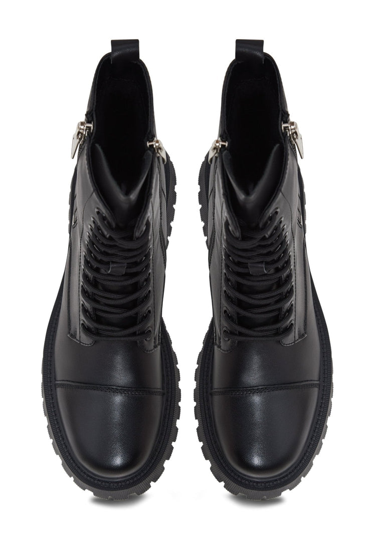 A stylish pair of black leather platform ankle boots, perfect for adding a bold statement to any outfit.