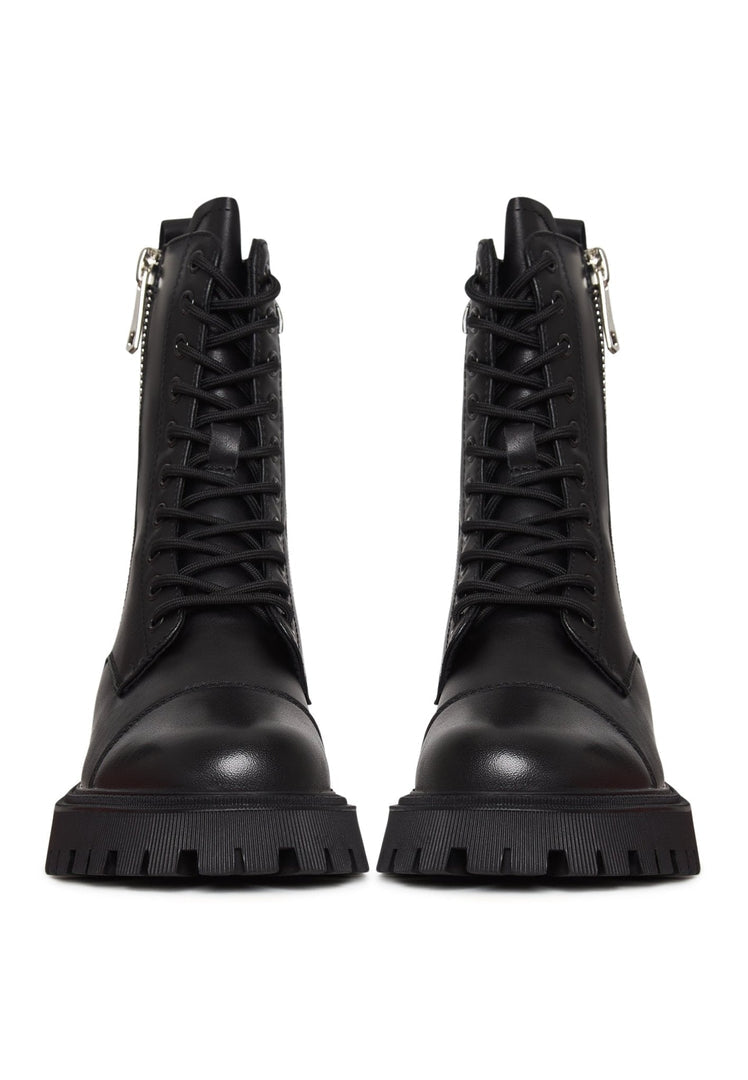 A stylish pair of black leather platform ankle booties for women, a classic addition to any outfit.
