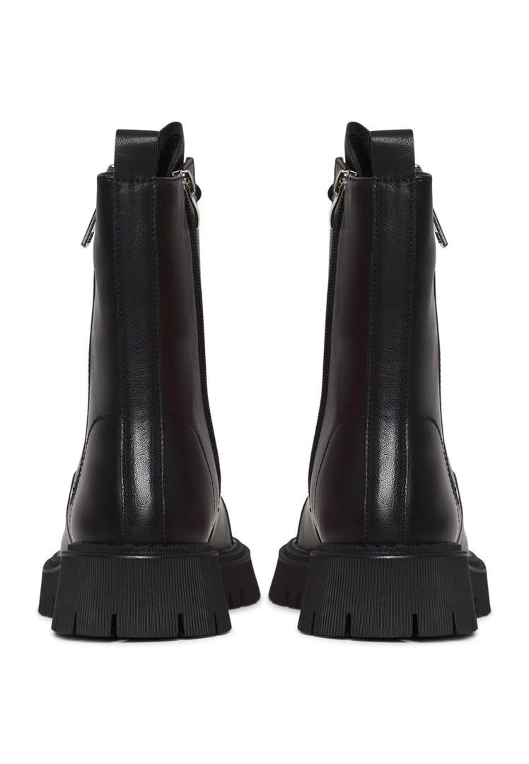A pair of stylish women's platform ankle booties in classic black leather design.