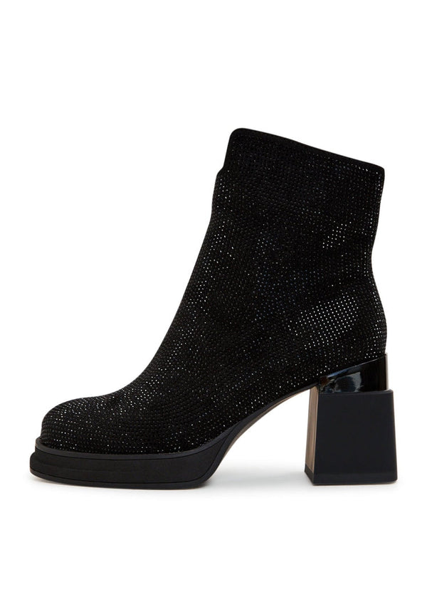 Leather Block Heels Ankle Boots - Black