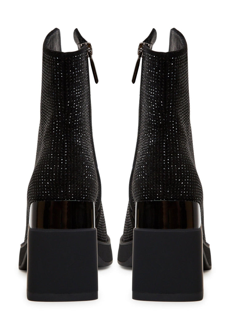 Leather Block Heels Ankle Boots - Black