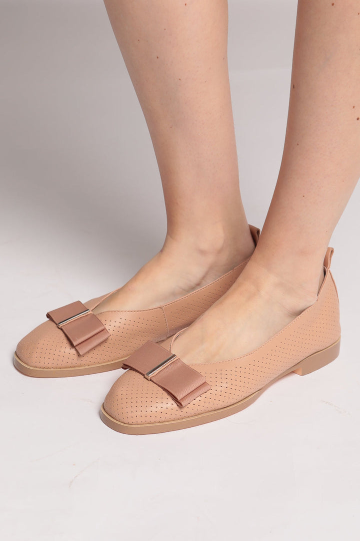Perforated Bow Charm Flats - Beige