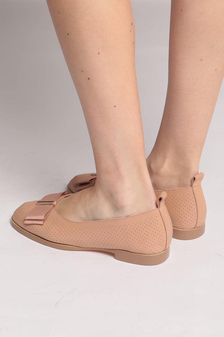 Perforated Bow Charm Flats - Beige