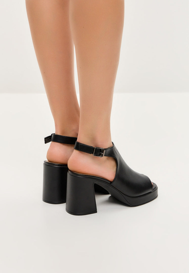 Black Leather Block Heel Sandals
