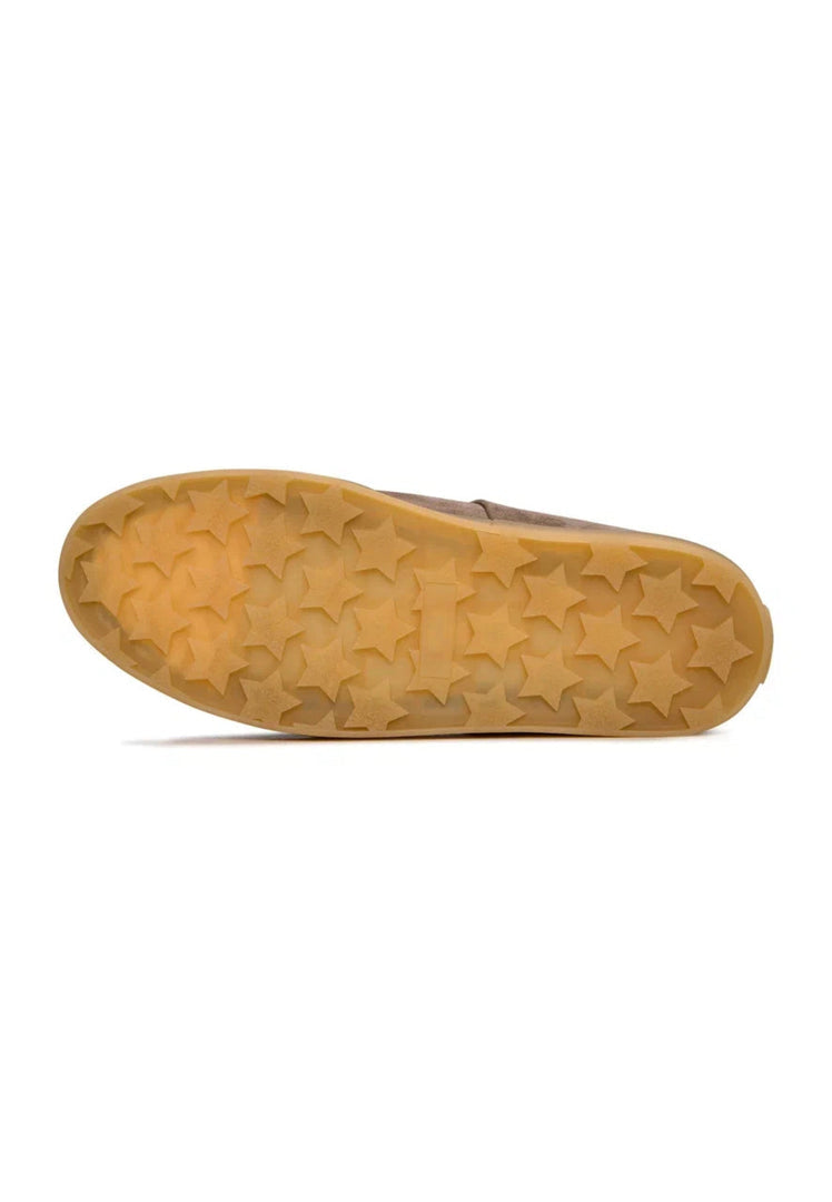 A stylish pair of beige low-top suede sneakers, a classic addition to your footwear fashion collection.
