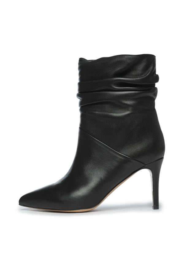 Ruched Leather Ankle Boots - Black