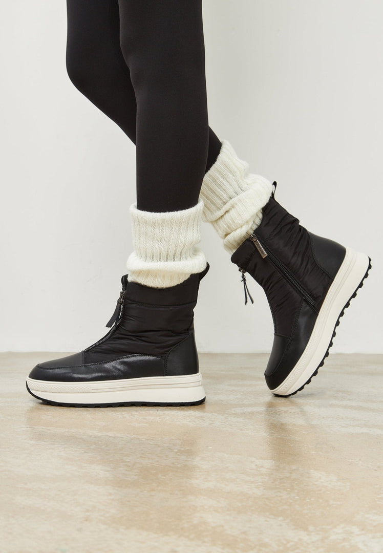A stylish pair of black platform winter boots perfect for staying warm and fashionable during the cold season.