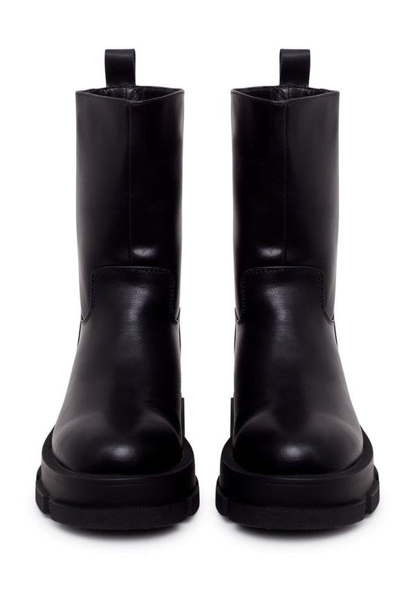 Chunky Sole Leather Ankle Boots - Black