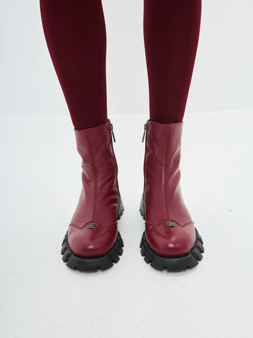Stiefel mit flacher Sohle aus Leder - Bordeaux